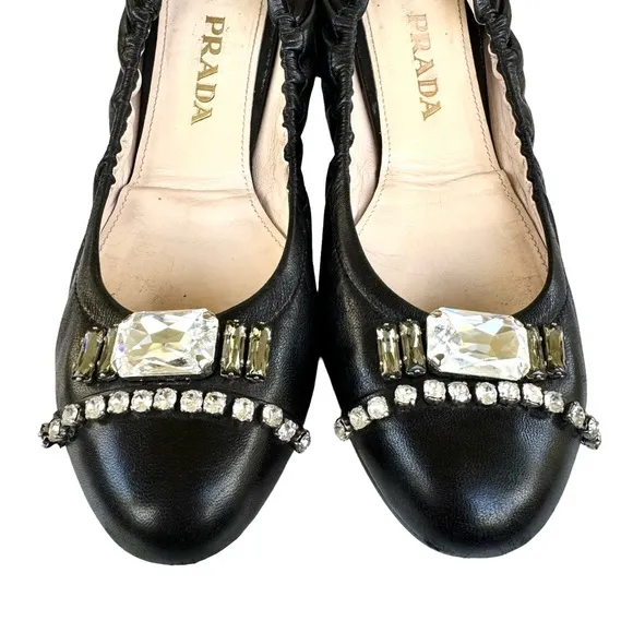 PRADA Crystal Embellished Ballet Flats Black Genuine Leather Italian Flat Shoes
