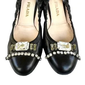 PRADA Crystal Embellished Ballet Flats Black Genuine Leather Italian Flat Shoes