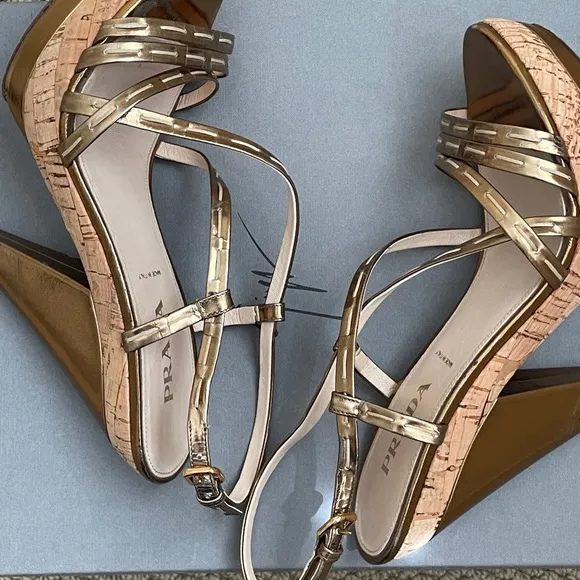 PRADA Gold Patent Leather Strapy Sandal