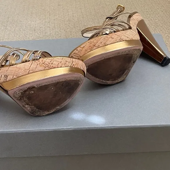 PRADA Gold Patent Leather Strapy Sandal
