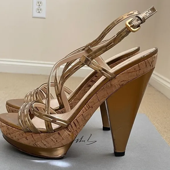 PRADA Gold Patent Leather Strapy Sandal