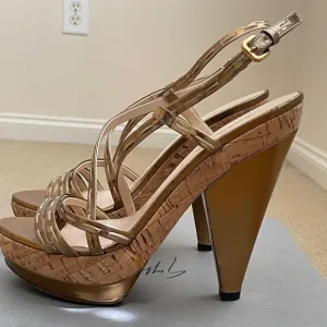 PRADA Gold Patent Leather Strapy Sandal