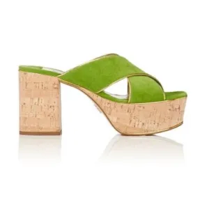 PRADA Green Suede Gold Trim Platform Cork-heel Mule Sandals