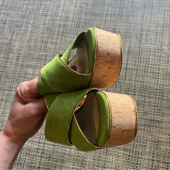 PRADA Green Suede Gold Trim Platform Cork-heel Mule Sandals