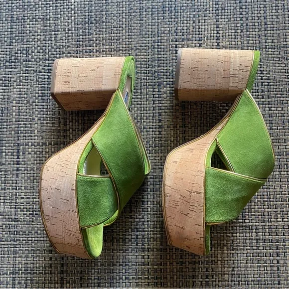 PRADA Green Suede Gold Trim Platform Cork-heel Mule Sandals