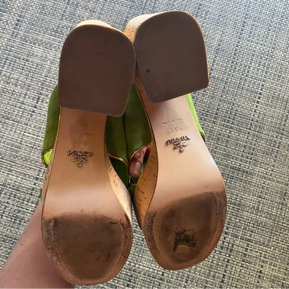 PRADA Green Suede Gold Trim Platform Cork-heel Mule Sandals