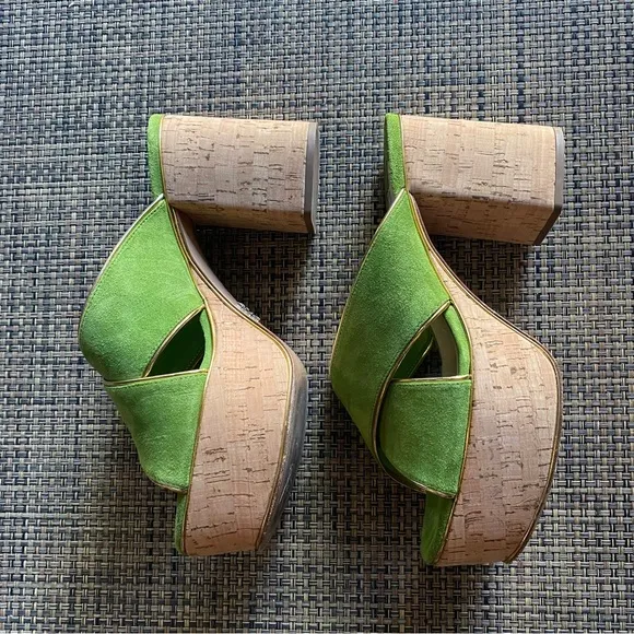 PRADA Green Suede Gold Trim Platform Cork-heel Mule Sandals