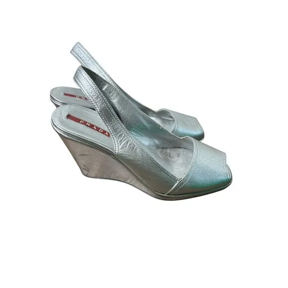 Prada Matte Silver Sling Back Wedge Peep Toe Shoes Sz 35.5 (5)