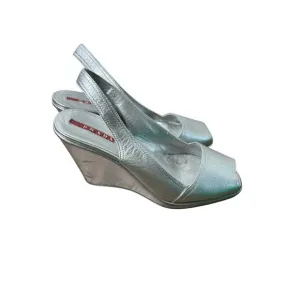 Prada Matte Silver Sling Back Wedge Peep Toe Shoes Sz 35.5 (5)
