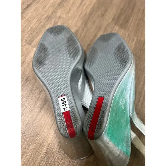 Prada Matte Silver Sling Back Wedge Peep Toe Shoes Sz 35.5 (5)