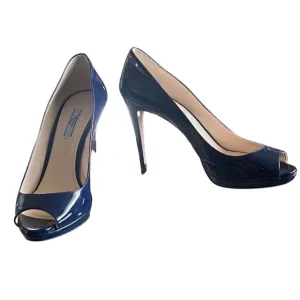 Prada Navy Blue Patent Peep Toe Heels Shoes Sz 40