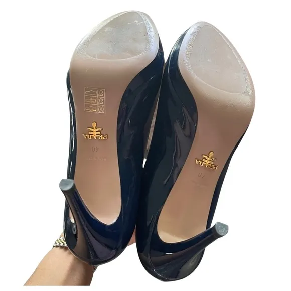 Prada Navy Blue Patent Peep Toe Heels Shoes Sz 40
