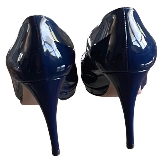 Prada Navy Blue Patent Peep Toe Heels Shoes Sz 40