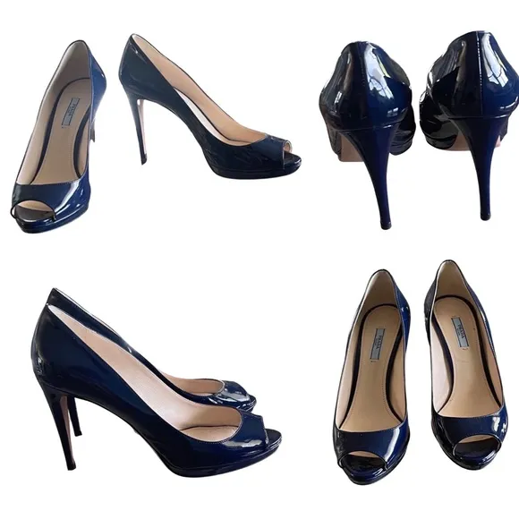 Prada Navy Blue Patent Peep Toe Heels Shoes Sz 40