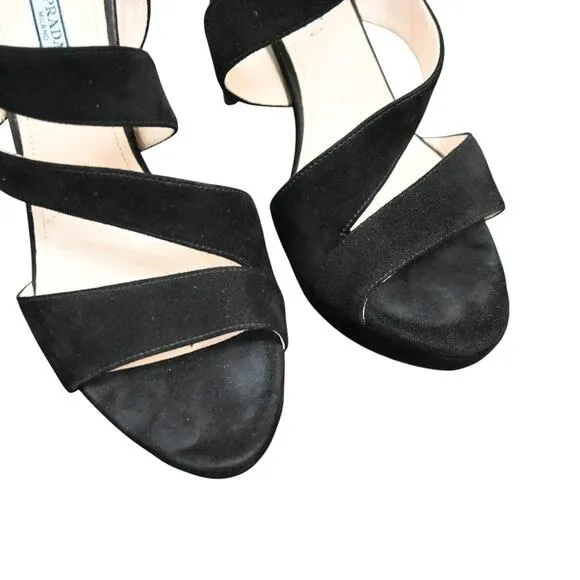 Prada Open Toe Stiletto Heels Size 38.5 Black Suede Buckle Closure 5 inch