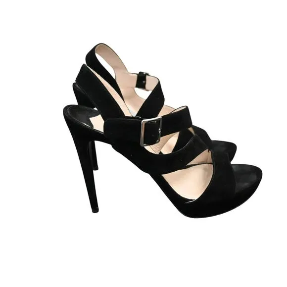 Prada Open Toe Stiletto Heels Size 38.5 Black Suede Buckle Closure 5 inch