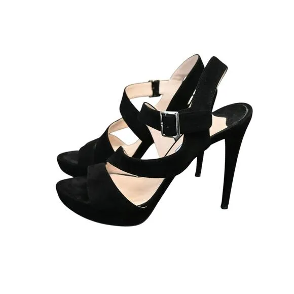 Prada Open Toe Stiletto Heels Size 38.5 Black Suede Buckle Closure 5 inch