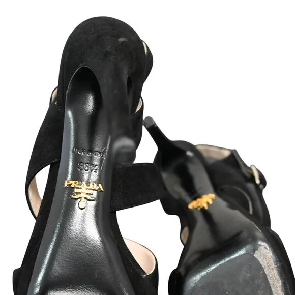 Prada Open Toe Stiletto Heels Size 38.5 Black Suede Buckle Closure 5 inch