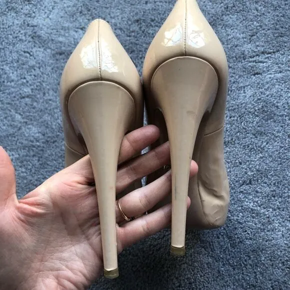 Prada patent leather peep toe heels in tan