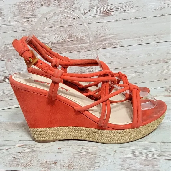 Prada red suede strappy espadrille wedge sandals