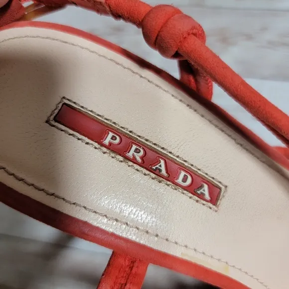 Prada red suede strappy espadrille wedge sandals