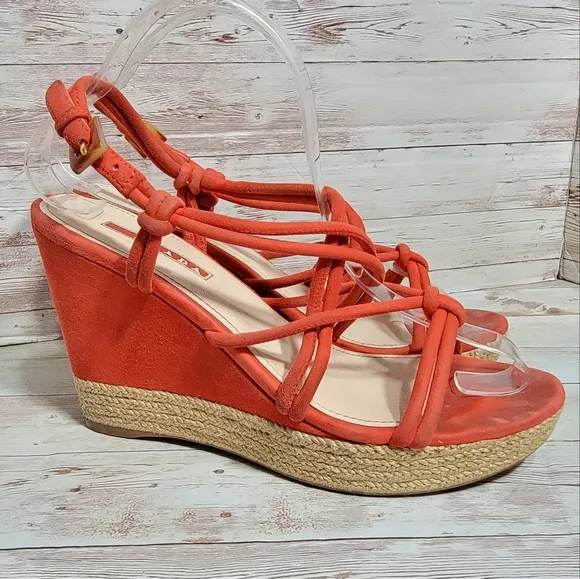 Prada red suede strappy espadrille wedge sandals