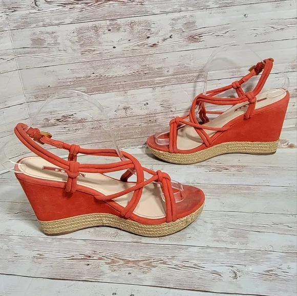 Prada red suede strappy espadrille wedge sandals