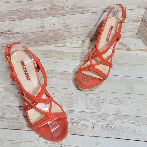 Prada red suede strappy espadrille wedge sandals