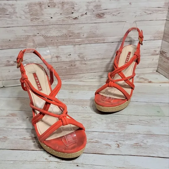 Prada red suede strappy espadrille wedge sandals