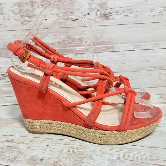 Prada red suede strappy espadrille wedge sandals