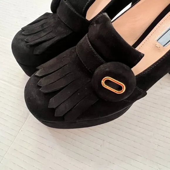 Prada Suede fringe block heels shoes size 38.5