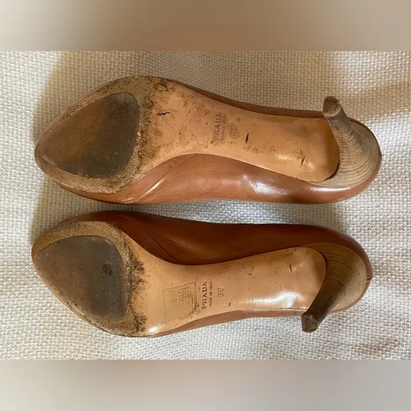 Prada tan peep toe shoes