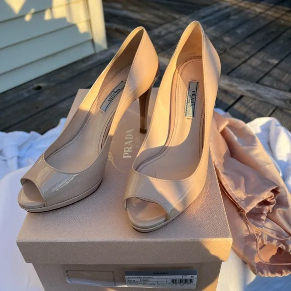 Prada Vernice Basic Nude Peep toe heels size 36