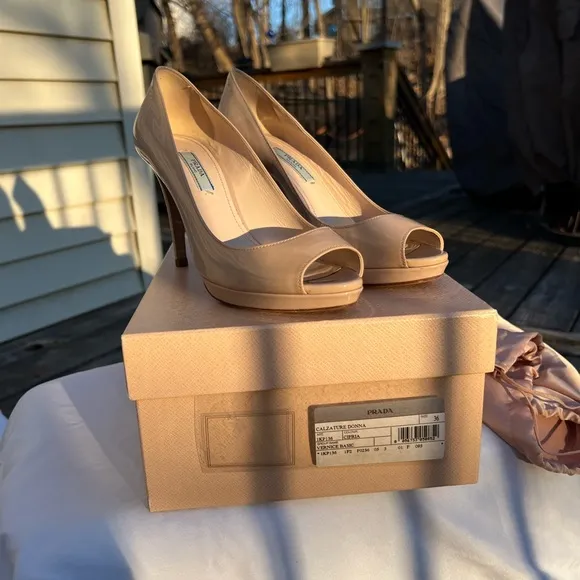 Prada Vernice Basic Nude Peep toe heels size 36