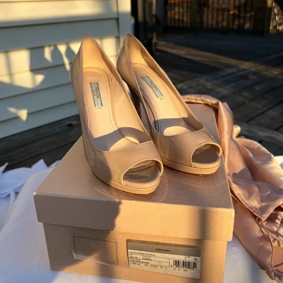 Prada Vernice Basic Nude Peep toe heels size 36