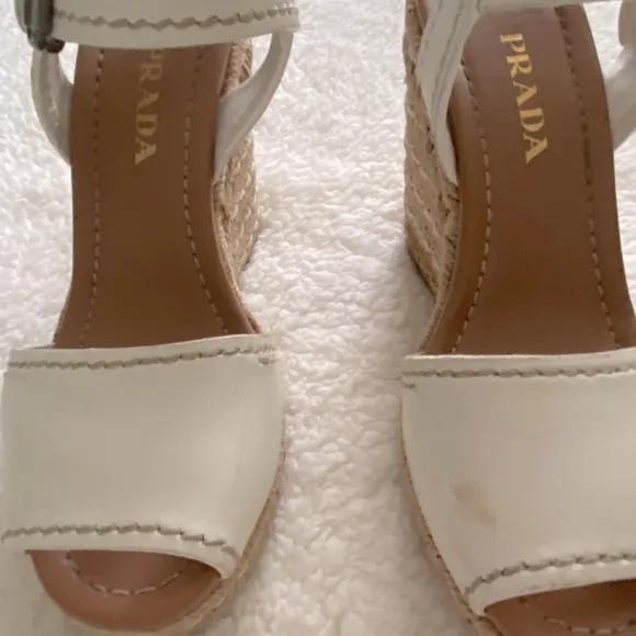 Prada White Leather Espadrille Wedge Ankle Strap Sandals Size 7