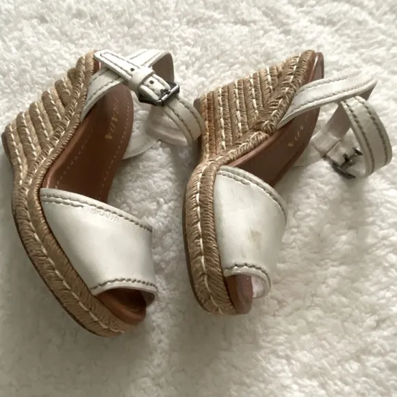Prada White Leather Espadrille Wedge Ankle Strap Sandals Size 7