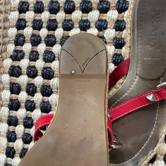 Prada woven platform red leather studded sandals