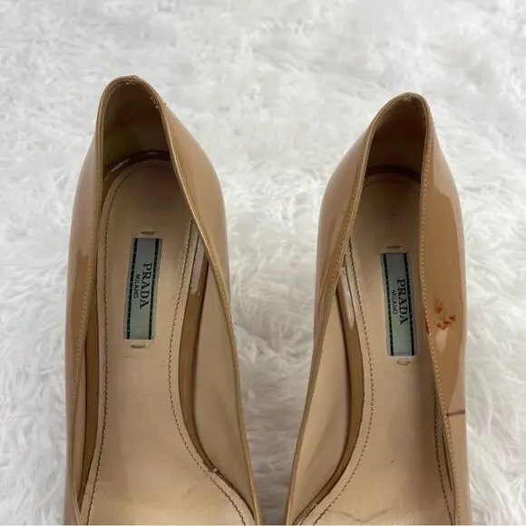 Prada Patent Leather Peep Toe Stiletto Heel Pumps