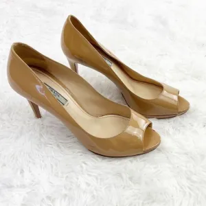Prada Patent Leather Peep Toe Stiletto Heel Pumps