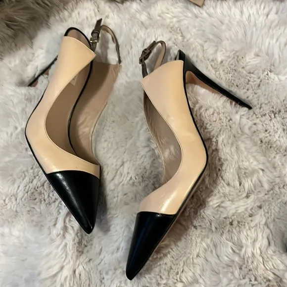 Pura Lopez Color Block Cream Black Two-tone Sling Back Stiletto Heel Shoes 39.5