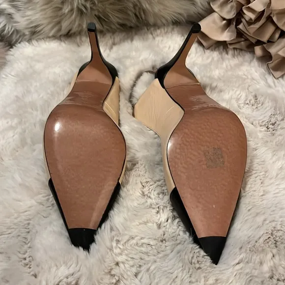 Pura Lopez Color Block Cream Black Two-tone Sling Back Stiletto Heel Shoes 39.5
