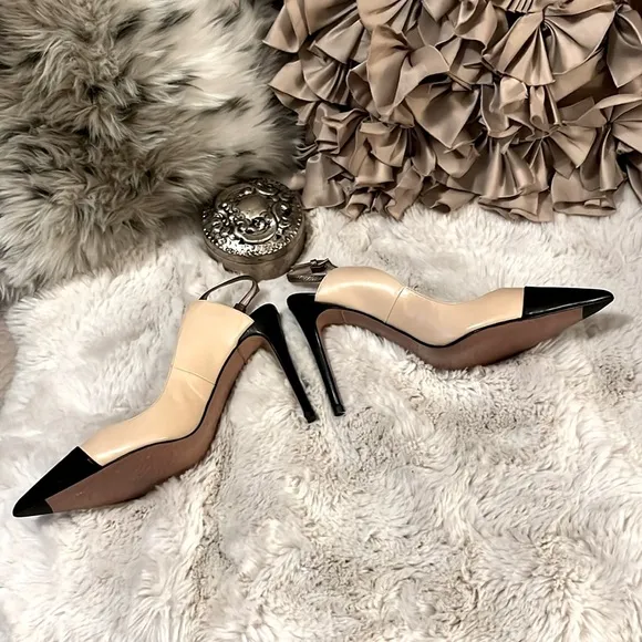 Pura Lopez Color Block Cream Black Two-tone Sling Back Stiletto Heel Shoes 39.5