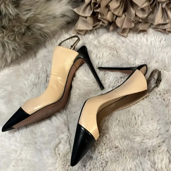 Pura Lopez Color Block Cream Black Two-tone Sling Back Stiletto Heel Shoes 39.5