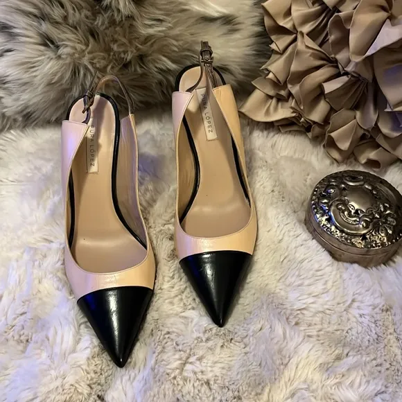 Pura Lopez Color Block Cream Black Two-tone Sling Back Stiletto Heel Shoes 39.5