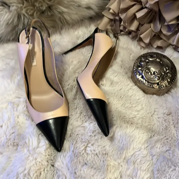 Pura Lopez Color Block Cream Black Two-tone Sling Back Stiletto Heel Shoes 39.5