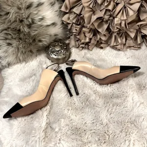 Pura Lopez Color Block Cream Black Two-tone Sling Back Stiletto Heel Shoes 39.5