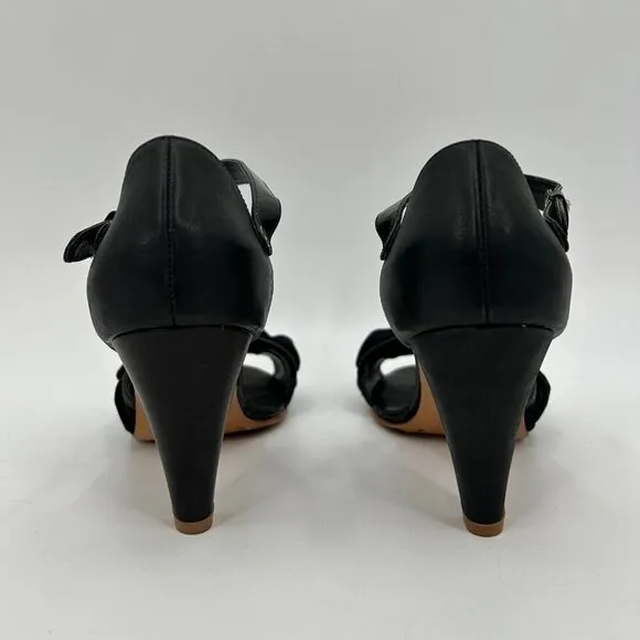 RACHEL COMEY Black Leather Ruffle Ankle Strap Peep Toe Heels Shoes Size 8.5