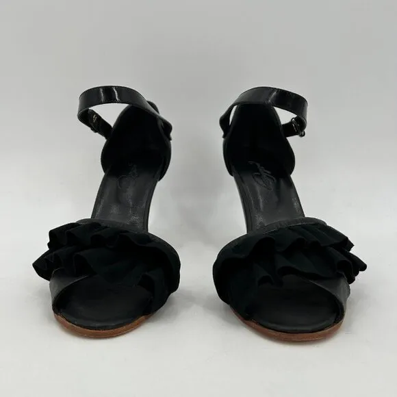 RACHEL COMEY Black Leather Ruffle Ankle Strap Peep Toe Heels Shoes Size 8.5