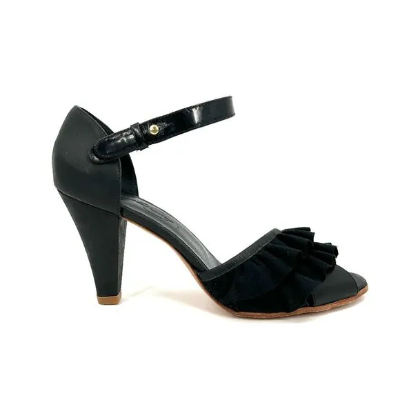 RACHEL COMEY Black Leather Ruffle Ankle Strap Peep Toe Heels Shoes Size 8.5